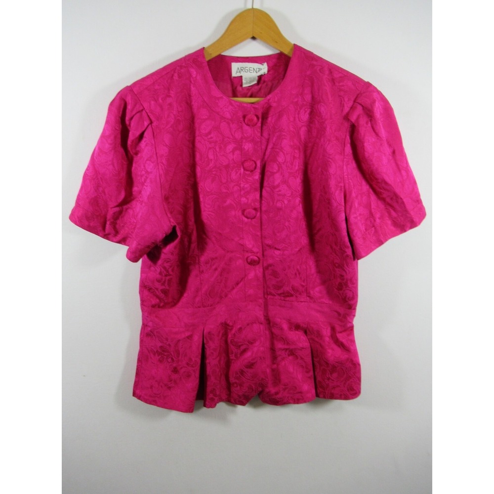 Vintage 80s Jacquard Silk Peplum Blouse Size 14 Argenti Dark Pink Short Sleeve